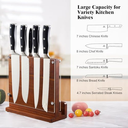 ENOKING Magnetic Knife Block with Acrylic Shield, Double Side Kitchen Knife Holder without Knives- Acacia Wood Universal Knife Storage Organizer with Powerful Magnet for Kitchen Counter - size: 10*9 inches