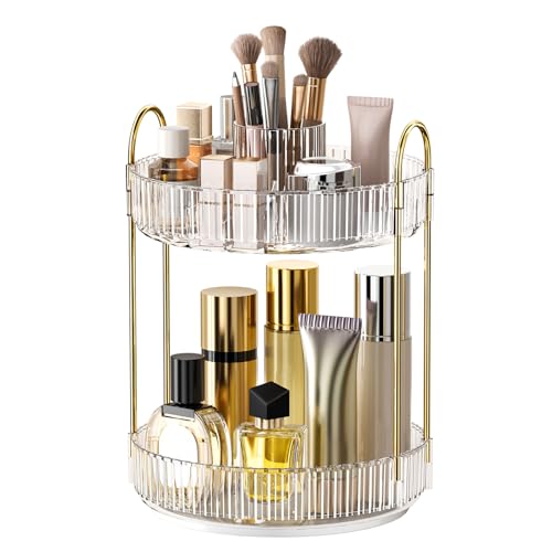 360° Rotating Makeup Organizer, Large-Capacity Skincare Make Up Storage 2 Tier Perfume Organizers Cosmetic Dresser Organizer with Makeup Brush Holder, Fits Bedroom, Bathroom, Vanity Shelf Countertop - color: Transparent, size: 2 Tier