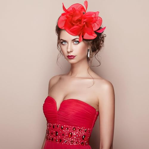 Fascinators Hats with Gloves Set for Women 20s 50s Cocktail Tea Party Wedding Costume Headwear - color: 03-red
