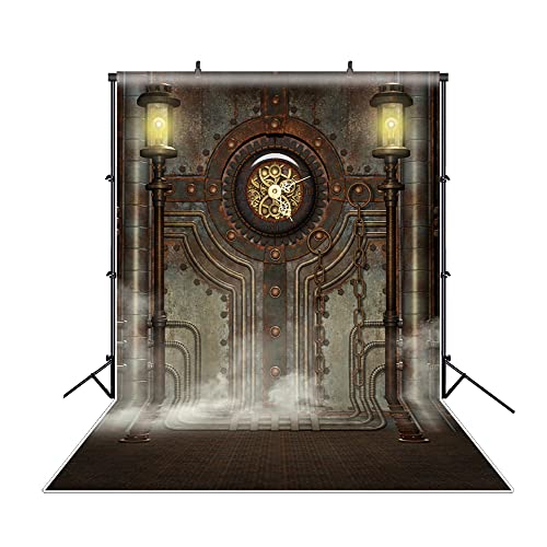 6x8ft Polyester Antique Steampunk Backdrop Vintage Industrial Gear Clock Old Metal Gearwheel Photography Background Steam Machine Nostalgia Iron Chain Pipelines Adult Photo Studio Prop - color: Black 10453, size: 6x8ft-Polyester