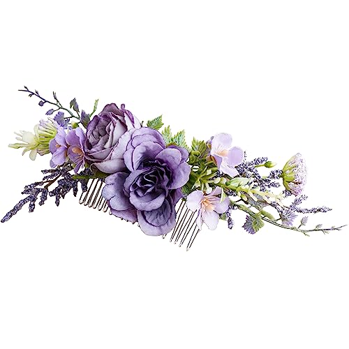Purple Flower Hair Comb - Handmade Wedding Floral Combs Bridal Comb for Hair for Bride Bridesmaid Women Girls Prom Bridal Shower Maternity Shoot - color: Light Purple