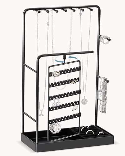 Lolalet Jewelry Organizer Stand, No Assembly Needed Display Storage with Rotating Earring Holder for Room Dorm Decor Necklace Bracelet Rings, Gifts for Mom Women Girls Mother's Day -Black - color: Black