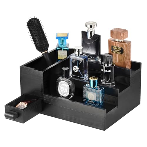 Perfume Stand Organizer for Men, 3 Tier Perfume Display Shelf with Velvet Lining Drawer and Hidden Compartment,Great Gift for Father, Men (Black - 1 Drawer) - style: 1 drawer - Black