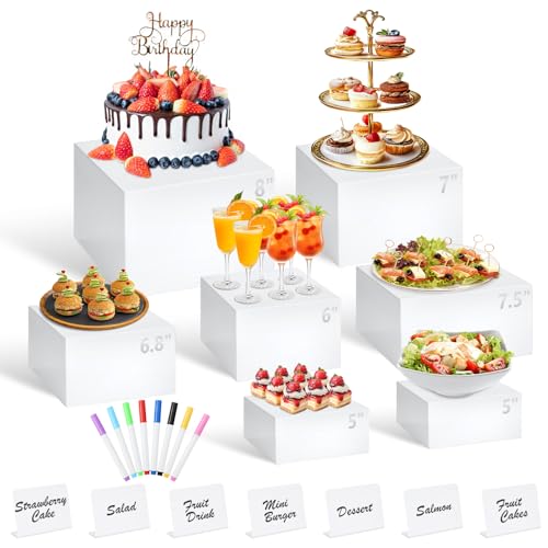 7Pcs White Acrylic Buffet Risers with Mini Sign and Marker, Food Display Risers for Party Catering Dessert Jewelry Collectibles,Acrylic Cube Nesting Boxes with Hollow Bottoms(8" 7.5" 7" 6.8" 6" 5" 5") - size: 8" 7.5" 7" 6.8" 6" 5" 5"