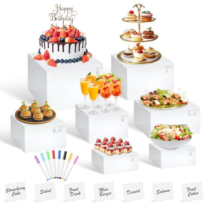 7Pcs White Acrylic Buffet Risers with Mini Sign and Marker, Food Display Risers for Party Catering Dessert Jewelry Collectibles,Acrylic Cube Nesting Boxes with Hollow Bottoms(8" 7.5" 7" 6.8" 6" 5" 5") - size: 8" 7.5" 7" 6.8" 6" 5" 5"