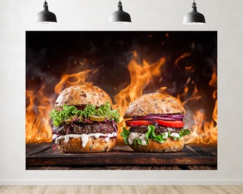 Trykid 5x5ft Flame Grilled Burger Backdrop Juicy Patty Fresh Veggie Rustic Wood Scene Photography Background Food Festival BBQ Gathering Party Decoration Tapestry Photo Booth Prop Fabric - size: 5x5ft