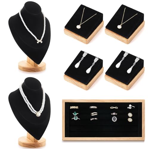 RattanView 7 Pcs Jewelry Display Set for Vendors Velvet Necklace Bust Display Stand Earring Ring Organizer for Craft Shows, Trunk Shows(Black) - color: Black