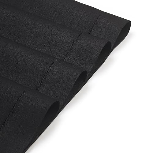 D'Moksha Homes Linen Placemats Set of 4 - Classic Hemstitch Black Placemats 14 x 19 Inch - 100% Pure Linen Table Mats for Spring - Handcrafted and Machine Washable - color: 04 - Black