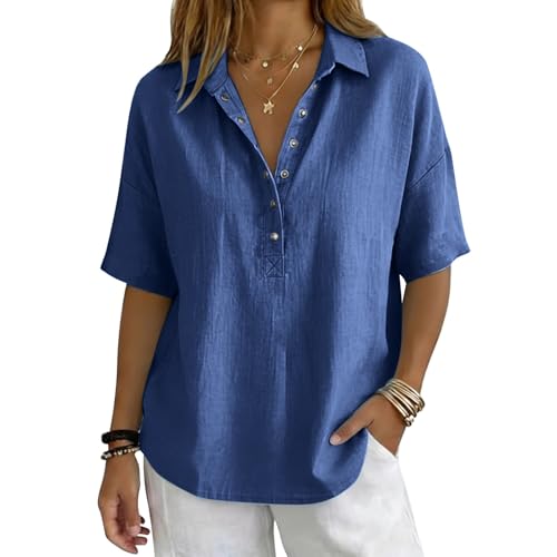 Cotton Linen Shirts for Women 2026 Summer Gauze Shirts Button Down V Neck Half Sleeve Blouses Dressy Casual Clothes - color: Blue, size: Small
