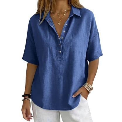 Cotton Linen Shirts for Women 2026 Summer Gauze Shirts Button Down V Neck Half Sleeve Blouses Dressy Casual Clothes - color: Blue, size: 3X-Large