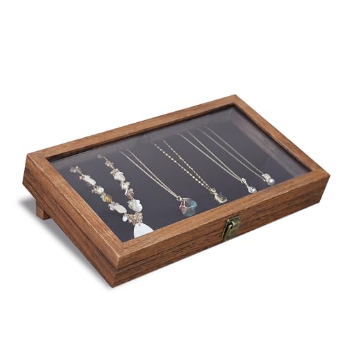MOOCA Tempered-Glass Top Wooden Jewelry Display Case with Removable Base, Black Luxurious Velvet Jewelry Display Pad & 20 Removable Pins, Deeper 2.2" Design for Collectibles, Brown Color
