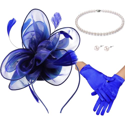 Fascinators Hats with Gloves Set for Women 20s 50s Cocktail Tea Party Wedding Costume Headwear - color: 03-royal Blue