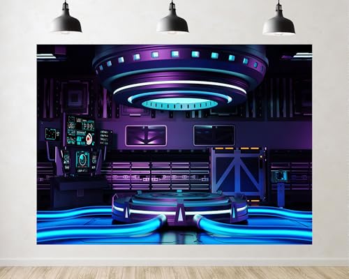 Trykid 15x10ft Cyberpunk Control Room Podium Backdrop Futuristic Neon Glowing Stage Sci Fi Photography Background Product Display Gaming Party Decoration Tapestry Photo Booth Prop Fabric - size: 15x10ft