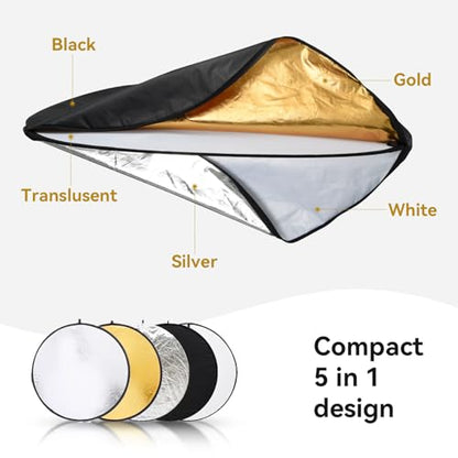 UTEBIT 24"/60cm Reflector Photography, Collapsible Light Reflector with Clamp & Bag, 5-in-1 Photography Reflector Translucent/Silver/Gold/White/Black with 3/8" Thread for Studio Outdoor Lighting - size: 24 Inch