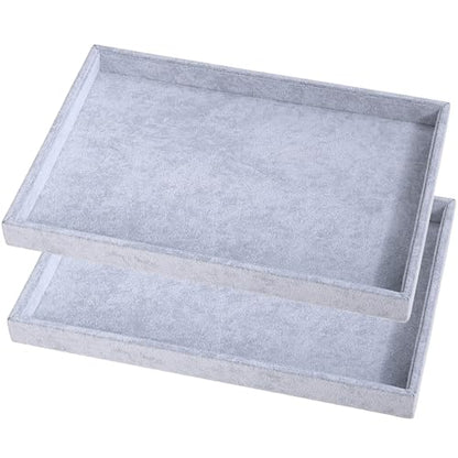 2 Pcs 13.8" x 9.5" Velvet Jewelry Tray Jewelry Display Tray Flat Tray, Stackable Empty Plate Trays for Earrings Necklaces Bracelet Rings Display Showcase - Grey - color: Grey, size: Flat Tray 13.8"x9.5"