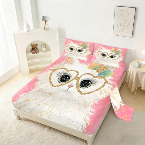 Girls Cat Themed Fitted Sheet Set Full Size Pink Glitter Cat with Heart Glasses Print Sheet Set Kawaii Bow Kitten Bedding for Kids Toddler Bedroom 1 Fitted Sheet + 1 Flat Sheet + 2 Pillowcases - color: Cat 09, size: Full
