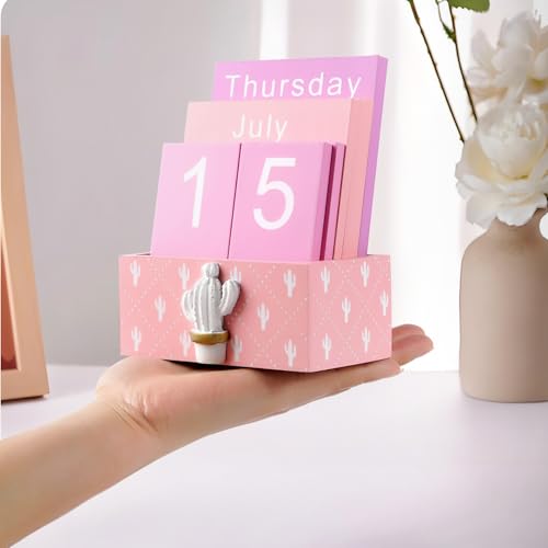 Notakia Perpetual Calendar Wooden Blocks Vintage Wood Block Calendar for Home Office Desk Accessories Week Month Date Display (Pink Calendar) - color: Pink Calendar