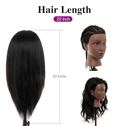 20-22 Inch Mannequin Head Human Hair with Stand,100% Real Human Hair Mannequin Head for Braiding,Cosmetology Manikin Doll Head for Styling with Table Clamp Hair Braiding Set(Brown) - color: 30 Black