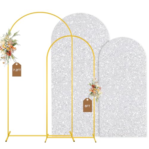 MODFUNS Metal Arch Backdrop Stand and Cover Set 6&7.2ft Silver Sequins Arch Cover Set of 2 Metal Arch Frame with Covers Balloon Arch Stands for Wedding Ceremony Banqet Party Reception - color: Silver, size: 6&7.2FT-Set