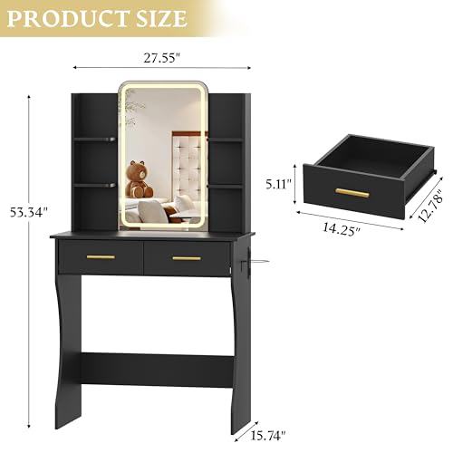 Vanity Desk with LED Lights Mirror & Power Outlet, Small Makeup Vanity Table Set with Storage Drawers, 3 Lighting Modes & Adjustable Brightness, Dressing Table for Women Girls Bedroom, Black(NO Stool) - color: Black, size: S-2 Drawers