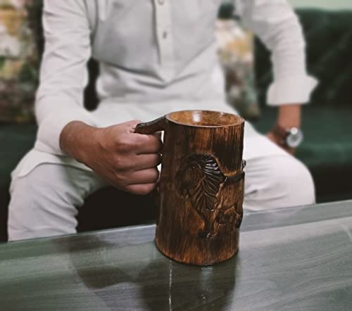 collectiblesBuy Hand-carved Antique Brown Lion Design Wooden Coffee Mug Rustic Tankard with Handle for Tea Wine Beer Ideal for Men Camping Travel Outdoor Use