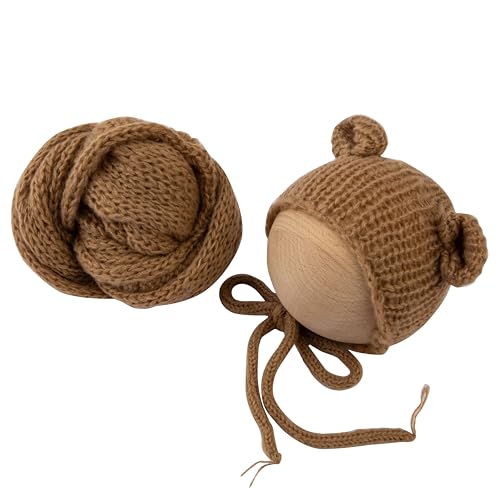 Newborn Photography Props Handmade Bear Hat Wrap Set for Baby Boys Girls Photoshoot Knitted Bonnet Blanket Photo - color: Camel