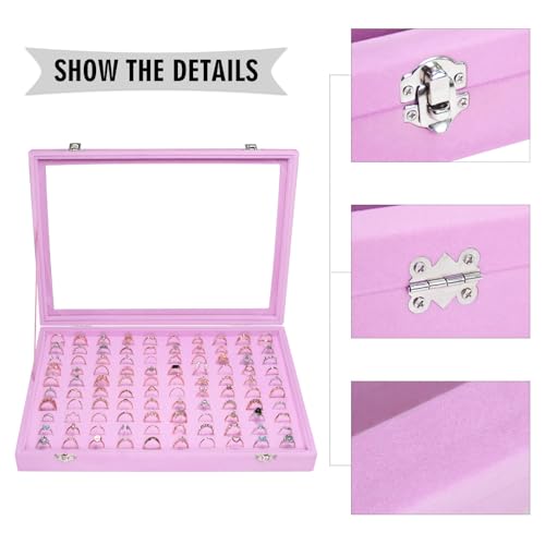 Siveit Velvet Ring Display Tray Organizer Box with Transparent Lid, 100 Slot Ring Holder Showcase For Store Display Jewelry Show Home, Pink - color: Pink