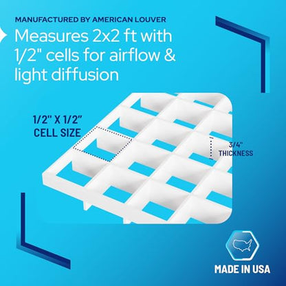 KASTLITE Egg Crate Panel 1-Pack in White | Polystyrene | 23 5/8” x 23 5/8" with 1/2" x 1/2" x 3/8" Cell Size | Manufactured by American Louver | Ceiling Light Covers, HVAC Grilles, Aquarium Eggcrates - color: White