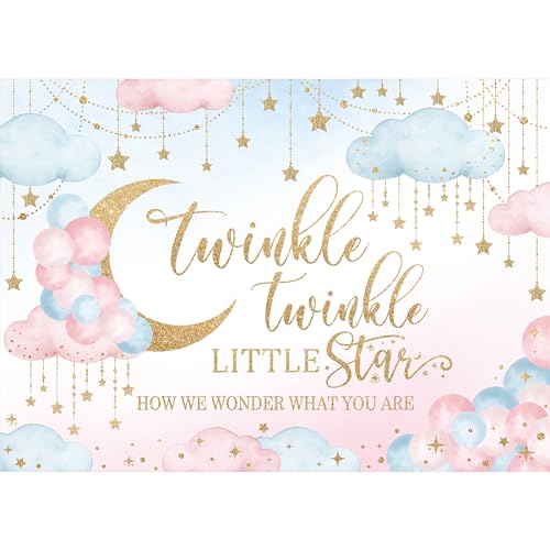 Twinkle Twinkle Little Star Gender Reveal Backdrop 8Wx6H Feet Polyester Fabric Pink Blue Boy or Girl Baby Shower Decoration Watercolor Moon Clouds Photography Background Photo Shoot Props - color: 12Gender Reveal, size: 8Wx6H