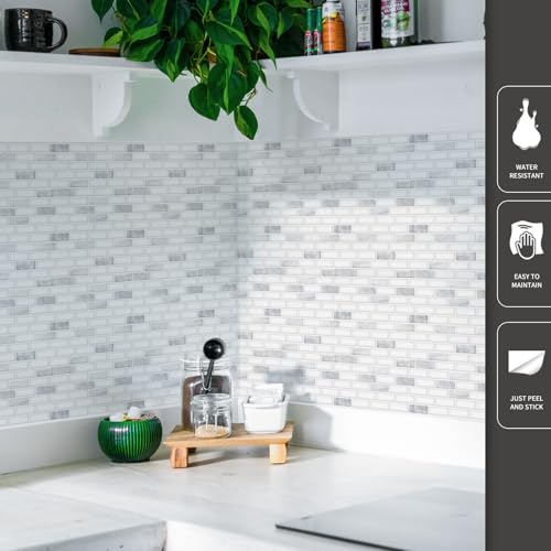 Art3d 10-Sheet Peel and Stick Backsplash Tile in White Marble, Self-Adhesive Wall Tiles Stick on Kitchen Laundry Room RV Renter - 12 x 12 Inch - color: White Marble