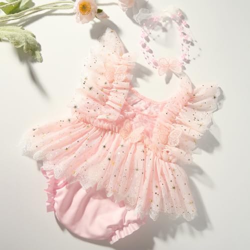 Newborn Photography Outfits Girls Baby Photography Props Lace Romper With Headband Baby Photo Shoot Outfits Girls Photo Props - color: Pink