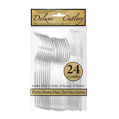 Party Essentials Extra Heavy Duty Hard Plastic Cutlery Combo Pack and Full Size Knives/Forks/Spoons, Clear, 8 Place Setting-Count - color: Clear, size: 24-Pieces/ 8-Place Settings
