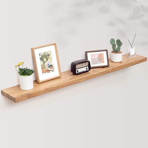 Axeman Floating Shelves for Wall, Rustic Elm Wood 56''W x 8" D Wall Shelf with Invisible Bracket, Large Long Wall Mounted Storage Shelves for Living Room, Bedroom, Kitchen, Bathroom Decor, Natural - color: Natural Elm With Flat Edge, size: 55 inches - 1P