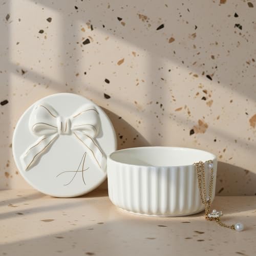 COLLECTIVE HOME Monogram Ceramic Jewelry Box with Bow - Small Jewelry Dish, Elegant Birthday, Graduation, Christmas & Women's Day Gifts (A) - color: A