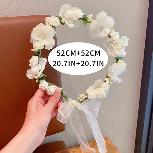 Adjustable Flower Crown Headband for Women - Floral Garland Hair Wreath with Crystal Accents Perfect for Weddings Flower Wands Photo Props (White Flower Green, Adjustable) - color: White Flower Green