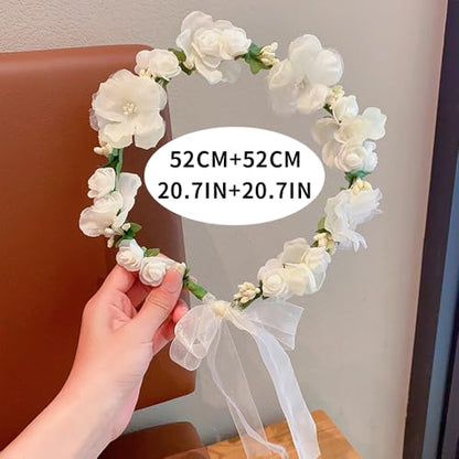 Adjustable Flower Crown Headband for Women - Floral Garland Hair Wreath with Crystal Accents Perfect for Weddings Flower Wands Photo Props (White Flower Green, Adjustable) - color: White Flower Green