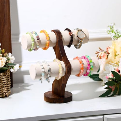RattanView 2 Tier Walnut Bracelet Holder Display Wooden Watch Stand Organizer T Bar Rack Storage Tower for Selling Retail - color: White