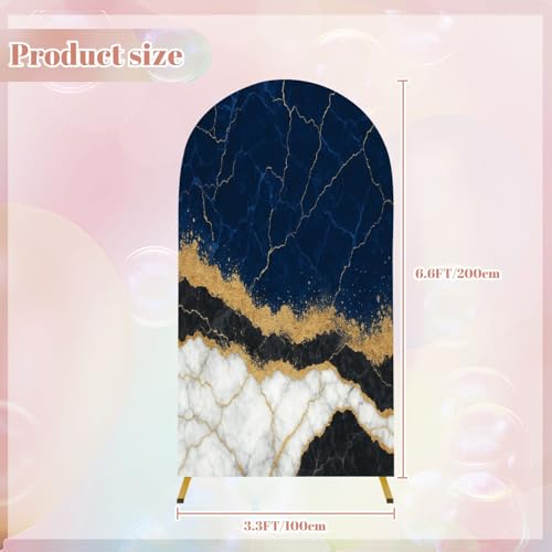 Wedding Arch Backdrop Cover 6.6FT Abstract White Blue Marble Golden Veins Fake Stone Texture Liquid Spandex Fitted Arch Cover Round Top Stands Cover for Birthday Party Ceremony Banquet Decoration - color: Color19, size: 6.6x3 FT