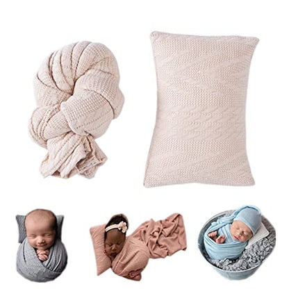 Coberllus Newborn Photography Props Blanket Stretch Knitted Twist Wrap & Posing Pad Prop for Baby Boys Girls Photo Shoot Set (Beige) - color: Beige