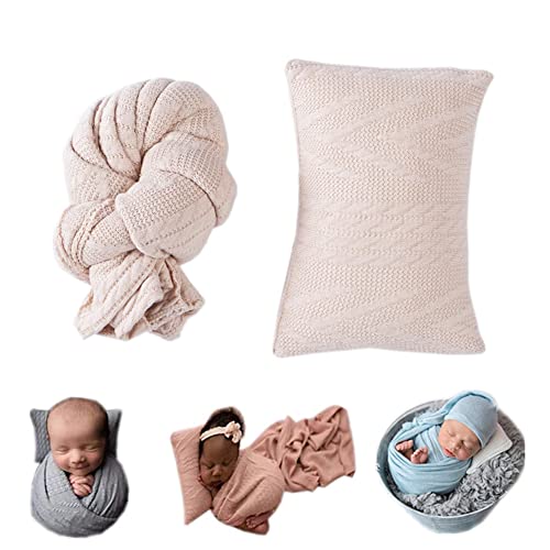 Coberllus Newborn Photography Props Blanket Stretch Knitted Twist Wrap & Posing Pad Prop for Baby Boys Girls Photo Shoot Set (Beige) - color: Beige