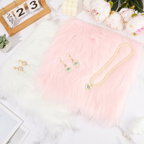 CREATCABIN 2 Packs Small Square Pink White Faux Fur Sheepskin Cushion Fluffy Plush Area Rug Small Product Photo Background 12’’ Luxury Photo Props for Tabletop Photography Jewelry Nail Art Home Decor - style: Pink & White