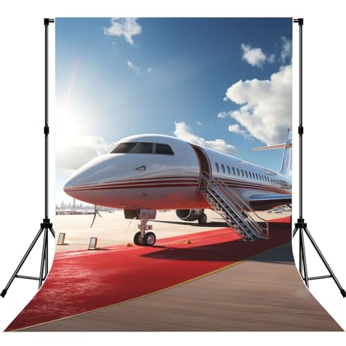 Red Carpet Airplane Backdrop Background for Photography 5x7ft Photobooth Professional Photo Backdrop Curtains Video Photography Studio Photo Backgrounds Banner Booth Background Screen Parties - color: Red Carpet Airplane
