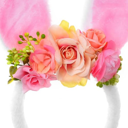 Bubbmi Easter Bunny Ear Headband with Flowers Crown Hairbands Festival Costume Hair Accessories for Women - color: Pinkear1