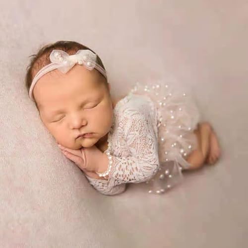 Newborn Lace Romper, 2 PCS Baby Girl Photography Props, Newborn Girl Photography Outfits with Flower Headband for Infants - color: White Long Sleeve