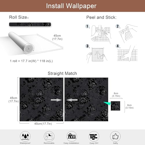 Gothic Rose Wallpaper – Black Floral Textured Peel and Stick Wallpaper, Self-Adhesive Vinyl for Home Decor, 17.7in x 118in - size: 17.7" x 118"