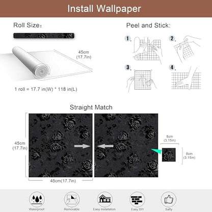 Gothic Rose Wallpaper – Black Floral Textured Peel and Stick Wallpaper, Self-Adhesive Vinyl for Home Decor, 17.7in x 118in - size: 17.7" x 118"