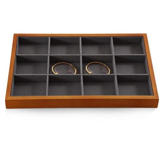 Wood Flat Jewelry Tray 12 Grid Display Wood Divided Organizer Stackable Display Tray Bracelet Bangle Organizer Bracelet Tray for Rings Earrings Storage Display (13.78"L x 9.45"W x 1.18"H) Grey - color: Gray, size: Bracelet Tray-W 9.45" x H 1.18"x L 13.78"