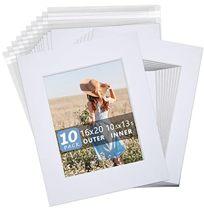 Somime 10 Pack White Picture Mat Set,16x20 Precut Mat for 11x14 Photos, White Core Bevel Cut Acid Free 16x20 Photo Mat with Mat Boards and Clear Bags for Prints, Paints, Frames - size: white 10pc sets 16x20