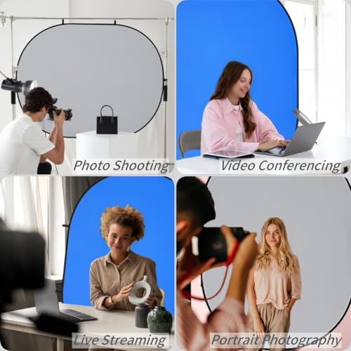 5 * 6.5 Ft Collapsible Backdrop Gray Blue Pop Up Screen with Carrying Bag, Double Sided Foldable Backdrop Portable Background for Photography Auditions Headshots Gaming Streaming Video Calls - color: Gray Blue