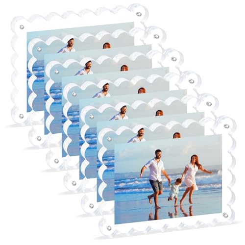 6Pack Acrylic Magnetic Photo Frame 5x7 Inch - Sleek Scalloped Design, 10+10mm Thick Crystal Clear Block, Freestanding Double-Sided Magnet |Trendy Home Gift (6 Pack, 5X7) - color: 6 Pack, size: 5X7